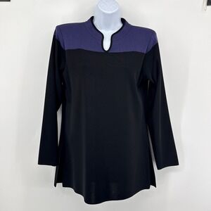Exclusively Misook Knit Tunic Top Small Purple Black Colorblock Split Neck